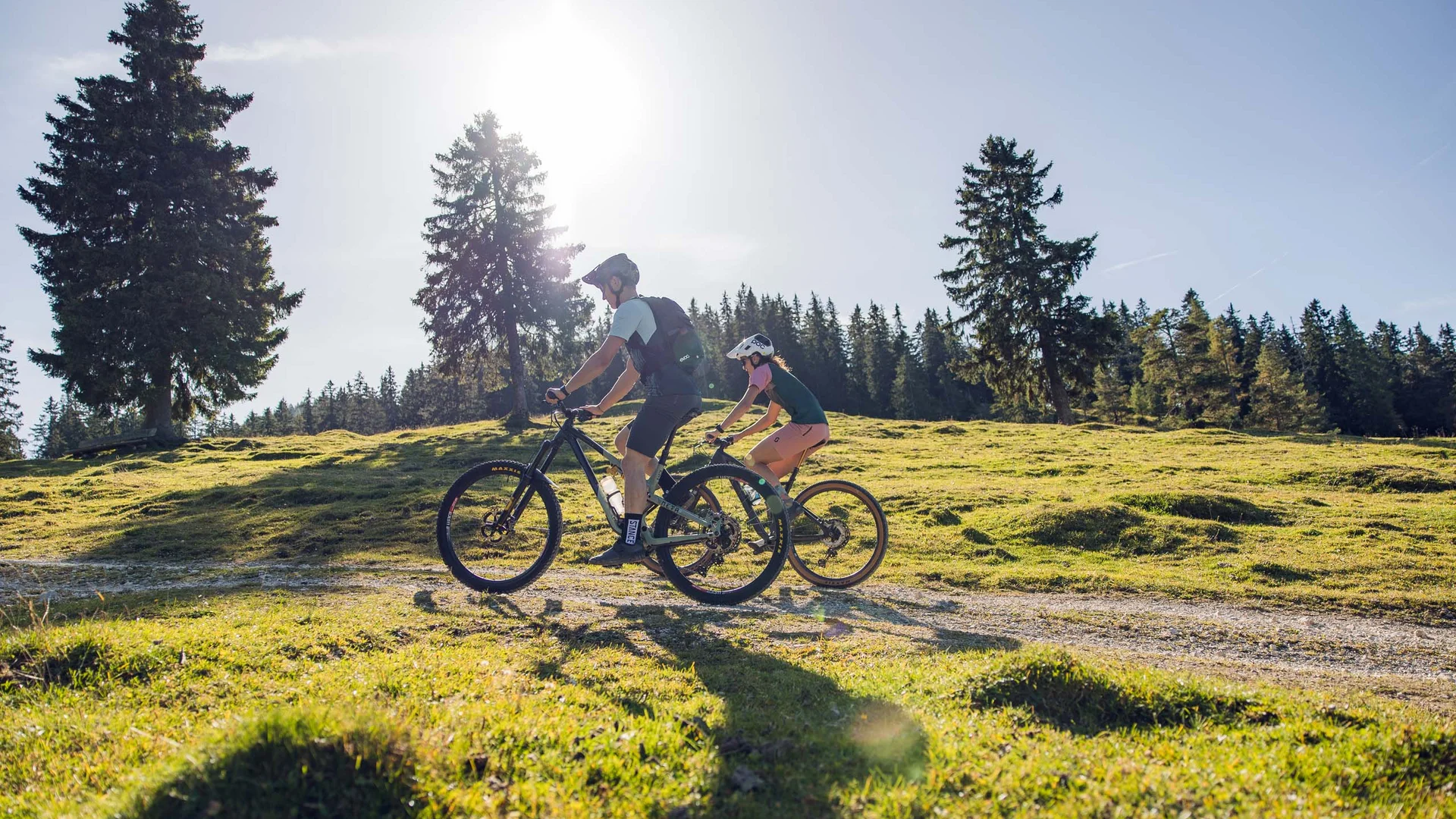 Discover Lake Achensee Two cyclists riding on a sunny forest trail with green meadow