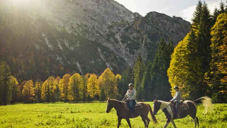 Wiesenhof from all perspectives Two riders on horses in a green mountain meadow with colorful autumn trees