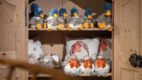 Wiesenhof from all perspectives Wooden cabinet with stuffed animals and pillows featuring animal designs