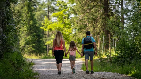 Wiesenhof from all perspectives Family with child walking on a forest path