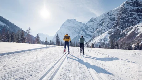 Wiesenhof from all perspectives Two skiers cross-country skiing on snowy mountain landscape in sunny weather